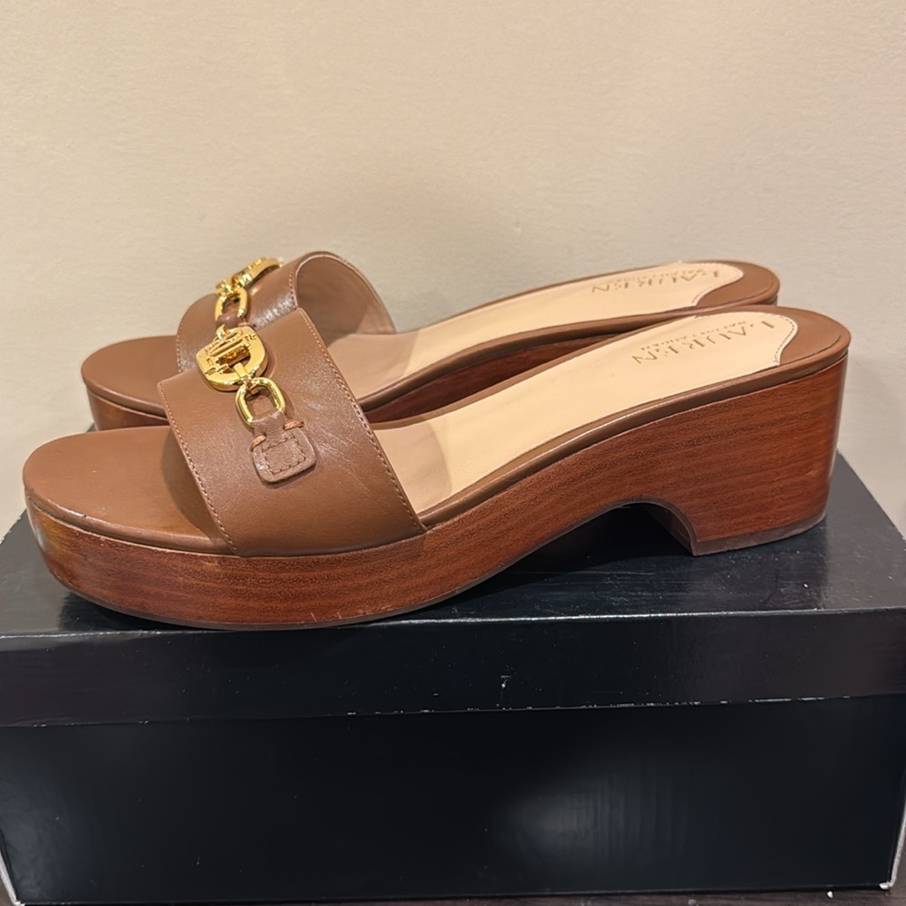 RALPH LAUREN Roxanne Heeled Dress Slip Ons Leather Logo Size 9.5